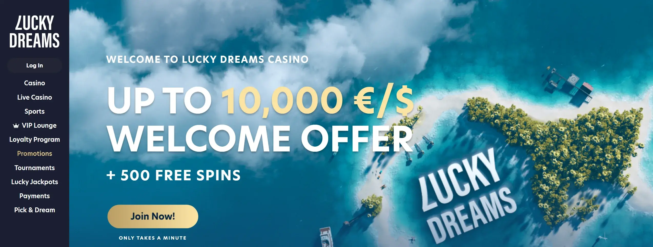 Lucky Dreams casino showing welcome bonus offer and site navigation